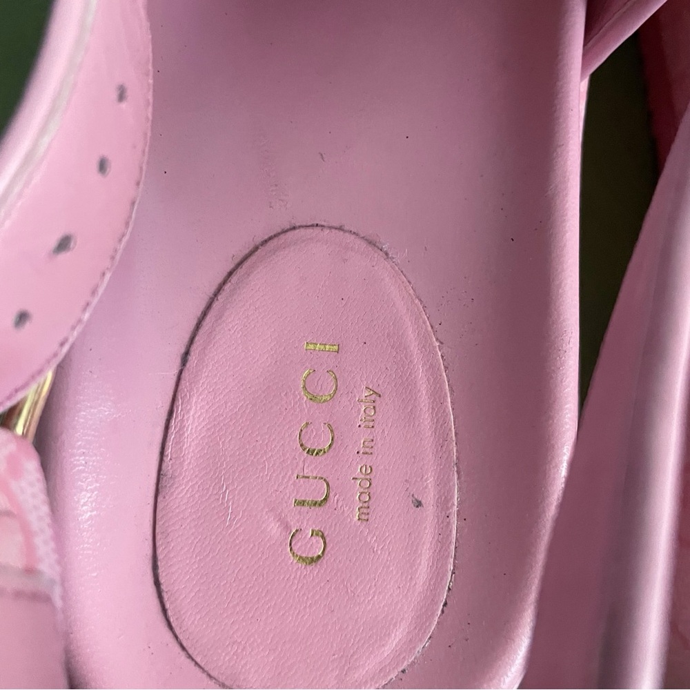 Gucci Angelina Pink GG Supreme Coated Canvas  Slingback Platform Sandals 38 - Picture 8 of 16